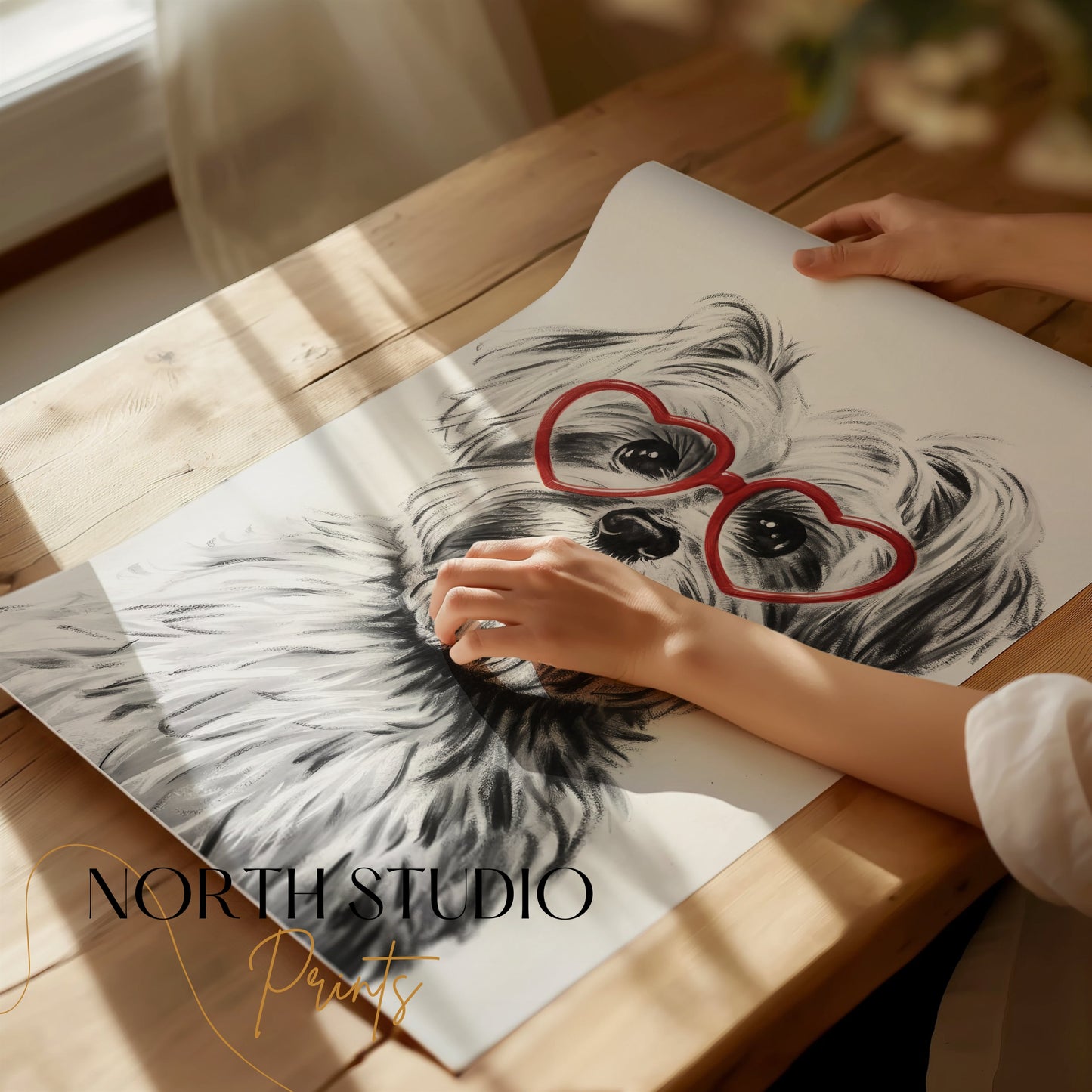 Premium Poster of Adorable Dog with Red Heart Glasses Posters