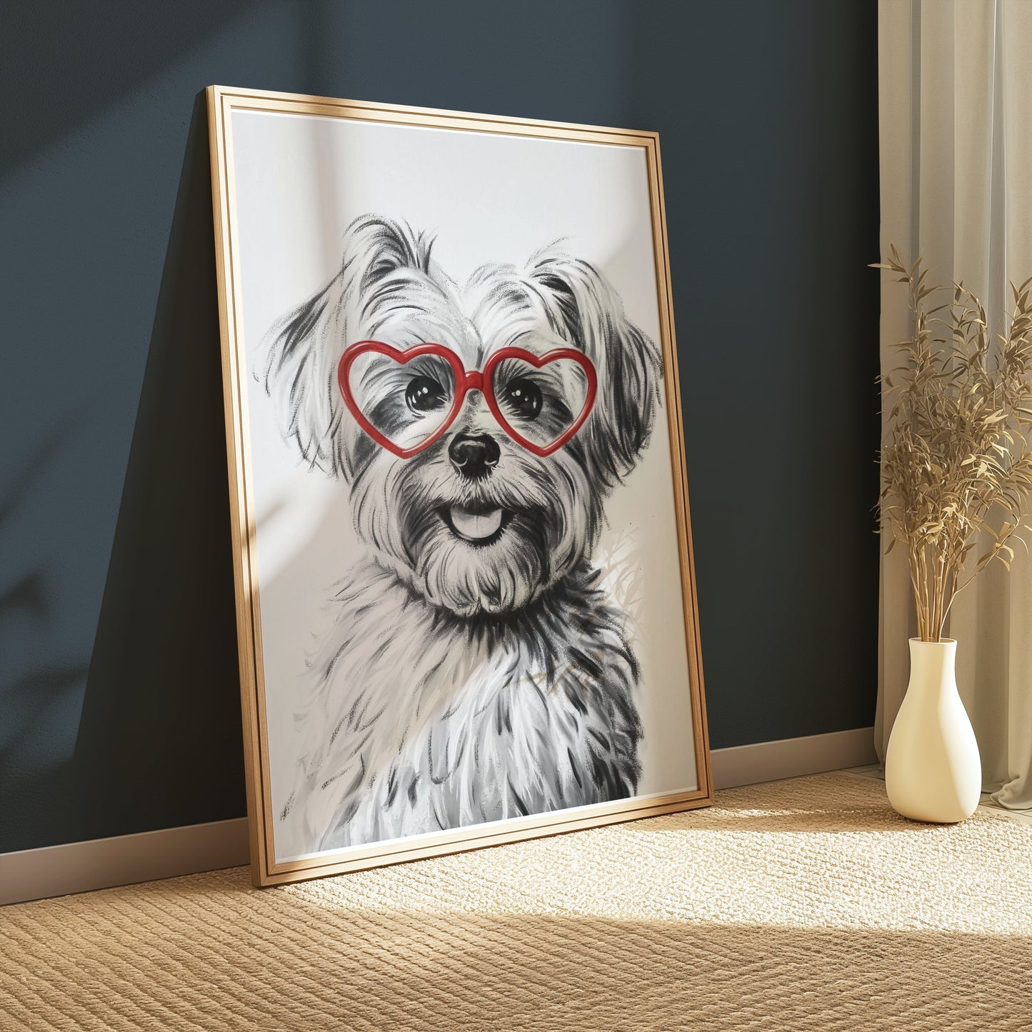Premium Poster of Adorable Dog with Red Heart Glasses Posters