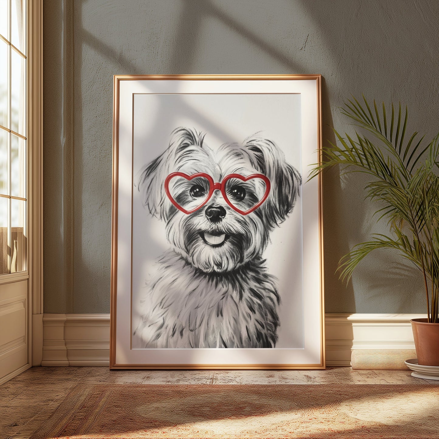 Premium Poster of Adorable Dog with Red Heart Glasses Posters