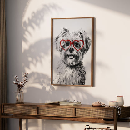 Premium Poster of Adorable Dog with Red Heart Glasses Posters