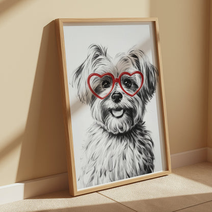 Premium Poster of Adorable Dog with Red Heart Glasses Posters