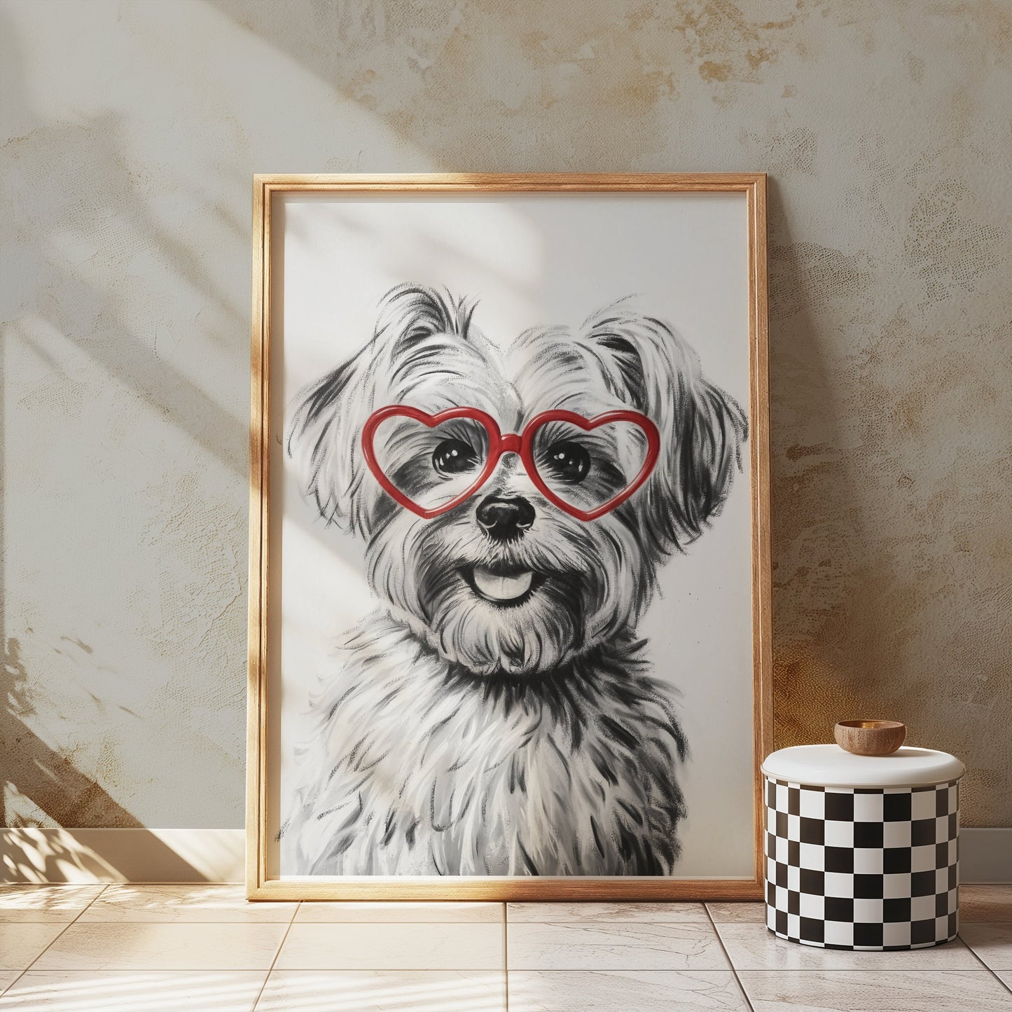 Premium Poster of Adorable Dog with Red Heart Glasses Posters