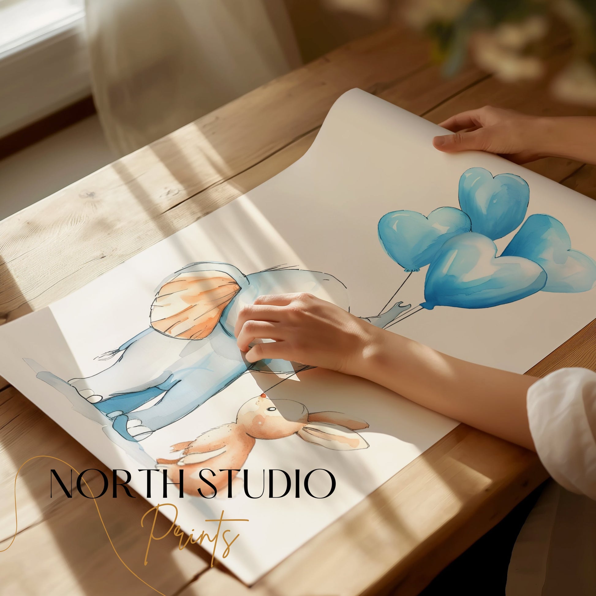 Premium Poster of Adorable Elephant and Bunny with Blue Balloons Posters