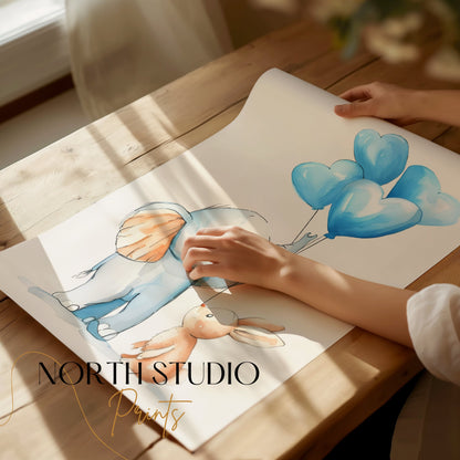 Premium Poster of Adorable Elephant and Bunny with Blue Balloons Posters