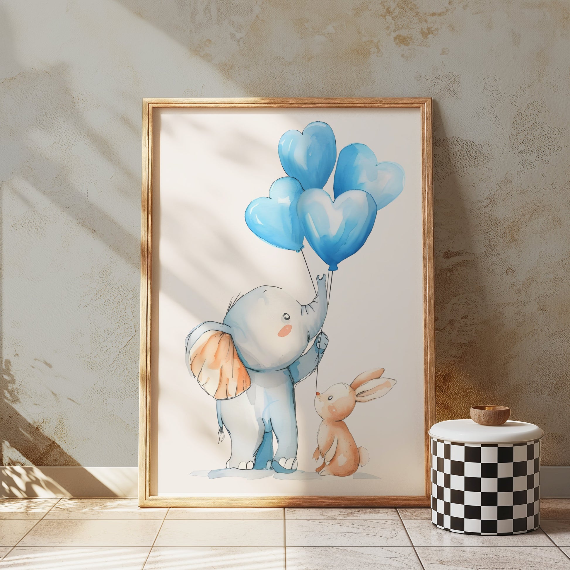 Premium Poster of Adorable Elephant and Bunny with Blue Balloons Posters