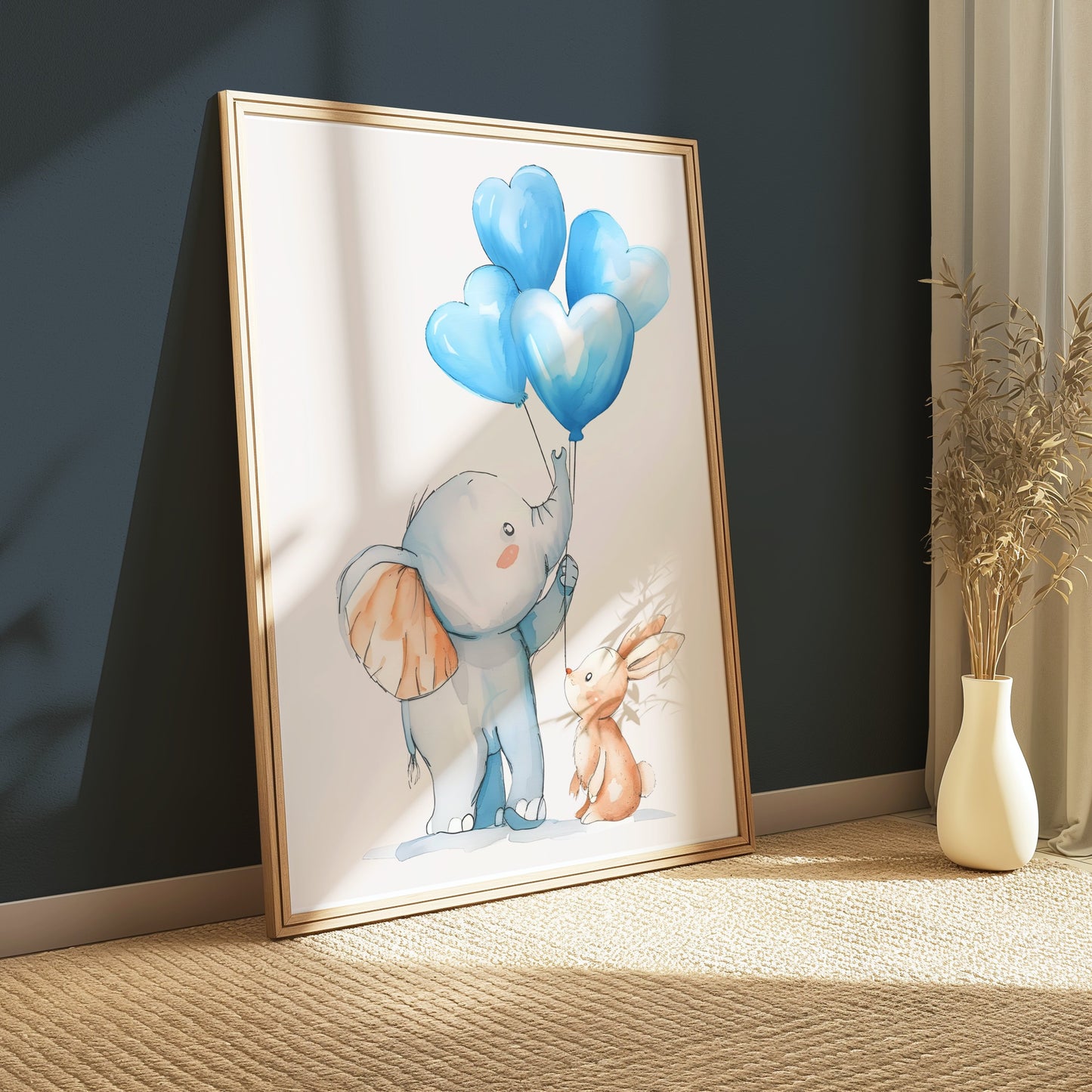 Premium Poster of Adorable Elephant and Bunny with Blue Balloons Posters
