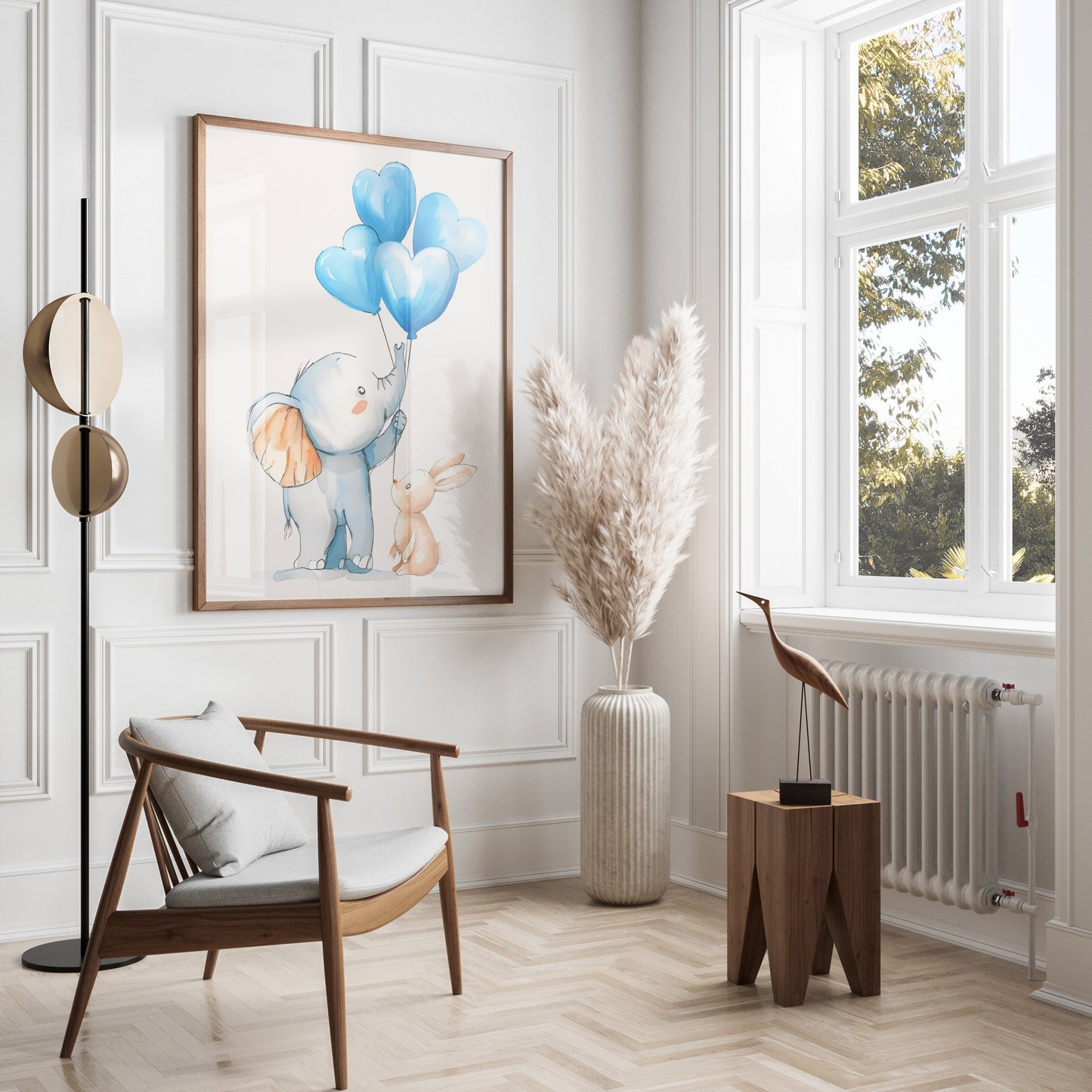 Premium Poster of Adorable Elephant and Bunny with Blue Balloons Posters