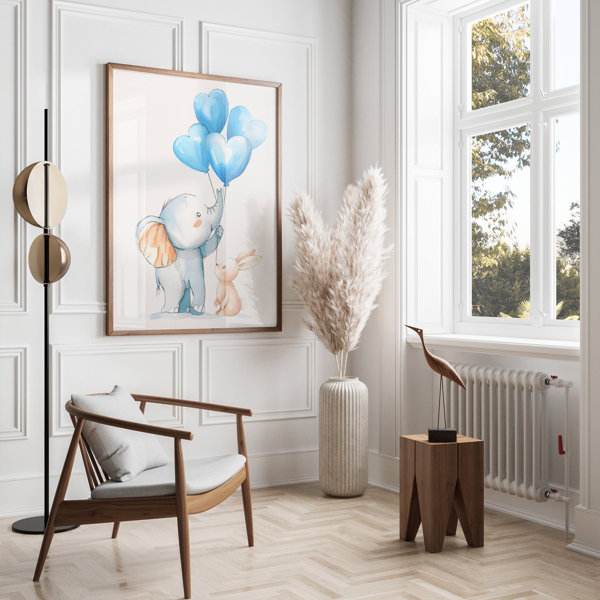 Premium Poster of Adorable Elephant and Bunny with Blue Balloons Posters
