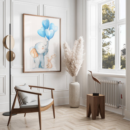 Premium Poster of Adorable Elephant and Bunny with Blue Balloons Posters