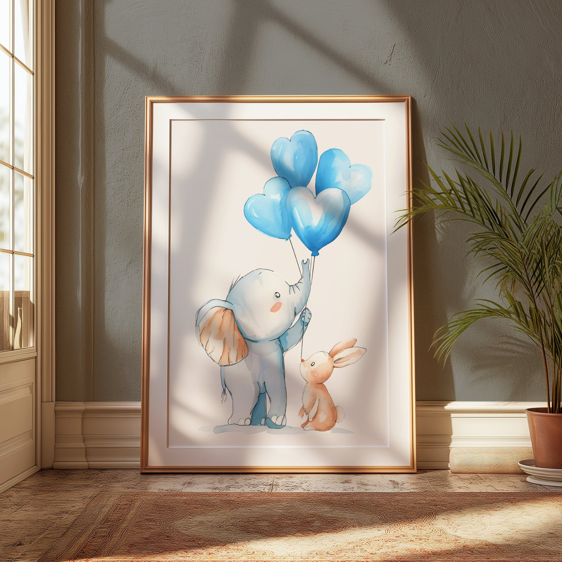 Premium Poster of Adorable Elephant and Bunny with Blue Balloons Posters
