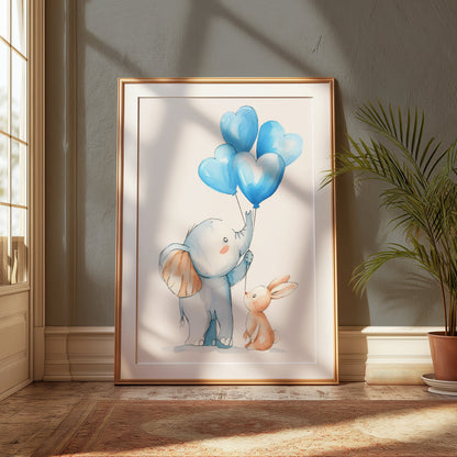 Premium Poster of Adorable Elephant and Bunny with Blue Balloons Posters