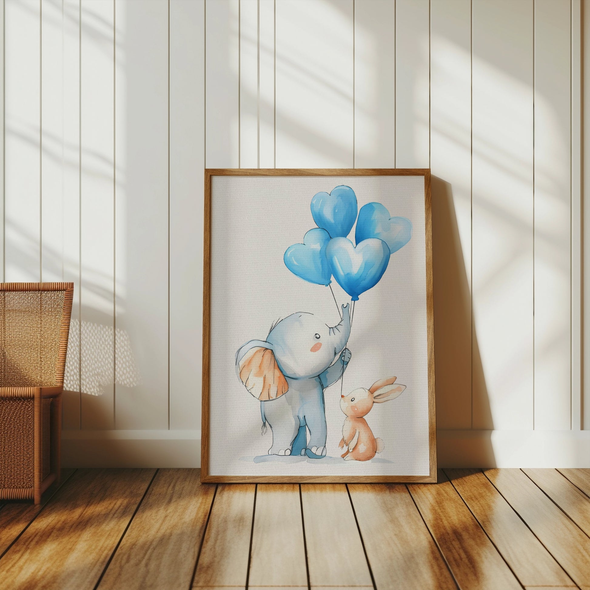 Premium Poster of Adorable Elephant and Bunny with Blue Balloons Posters