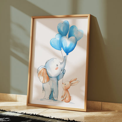 Premium Poster of Adorable Elephant and Bunny with Blue Balloons Posters
