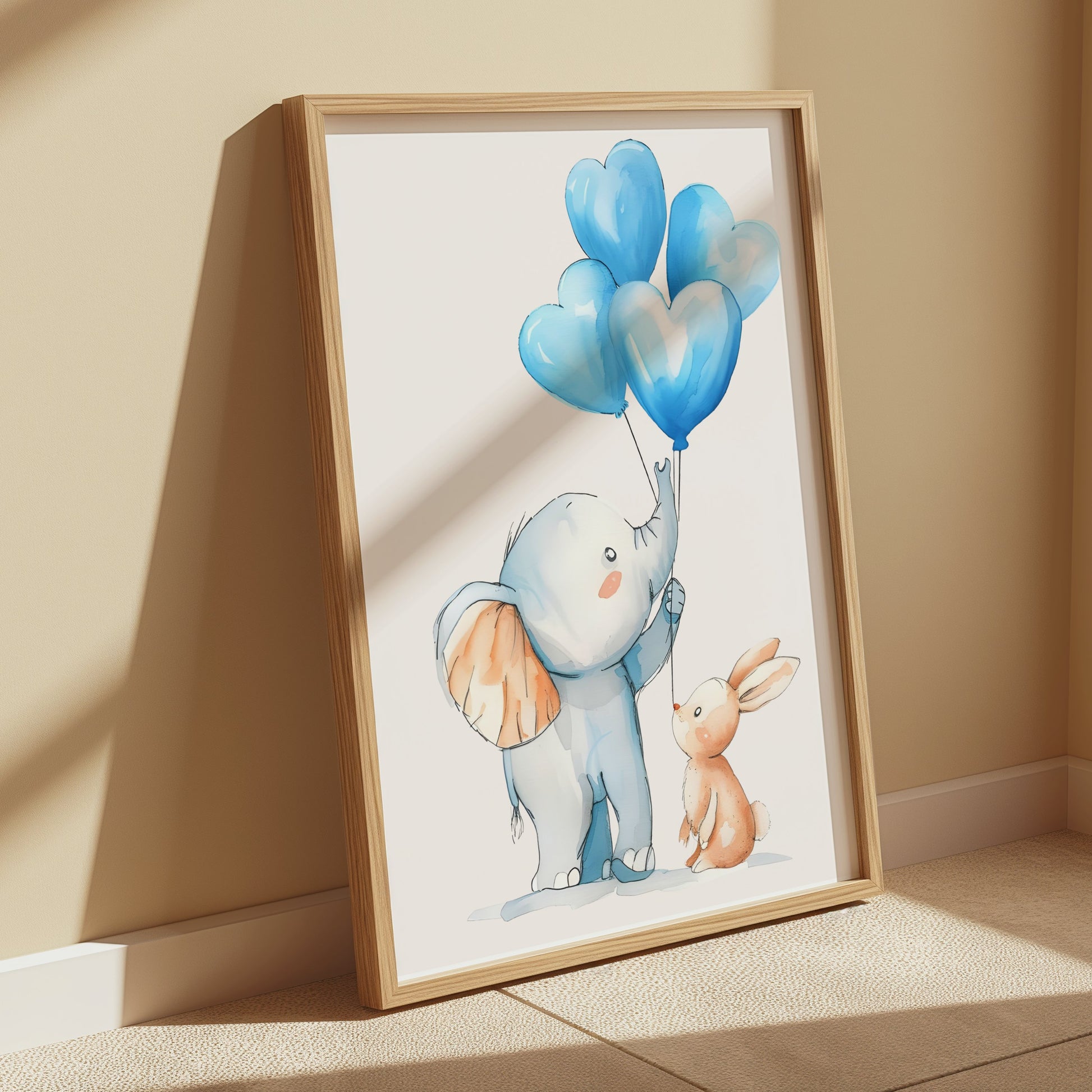 Premium Poster of Adorable Elephant and Bunny with Blue Balloons Posters