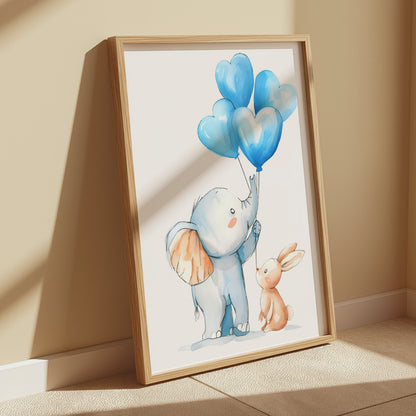Premium Poster of Adorable Elephant and Bunny with Blue Balloons Posters