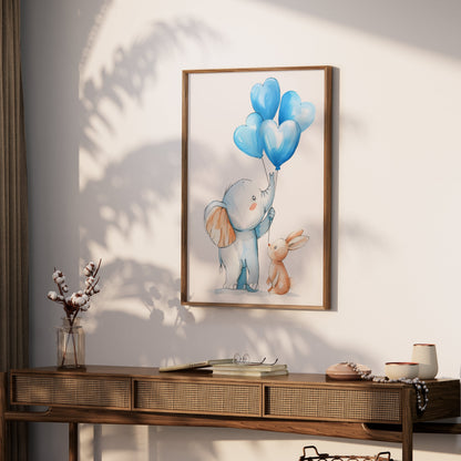 Premium Poster of Adorable Elephant and Bunny with Blue Balloons Posters
