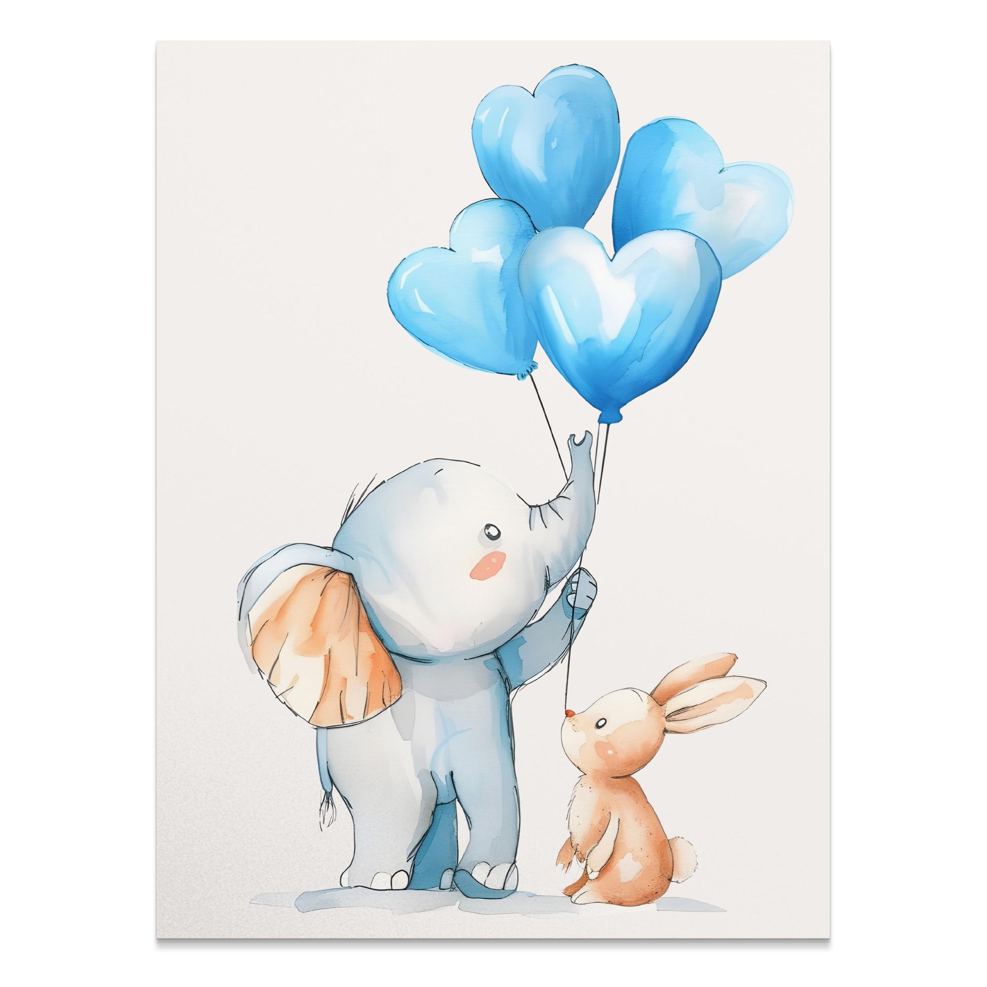 Premium Poster of Adorable Elephant and Bunny with Blue Balloons Posters