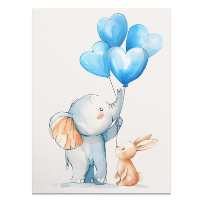 Premium Poster of Adorable Elephant and Bunny with Blue Balloons Posters