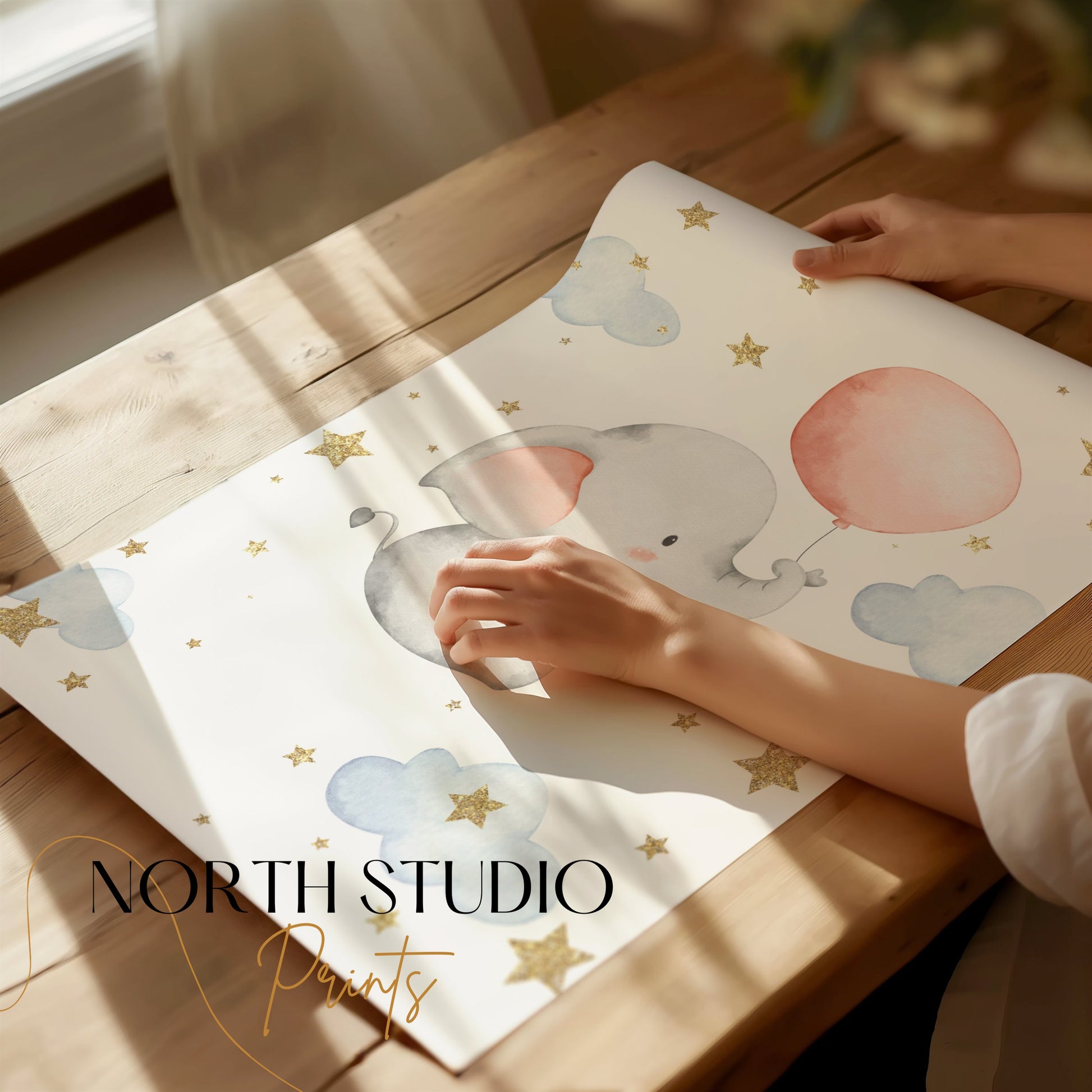 Premium Poster of Adorable Elephant with Balloon and Stars Posters