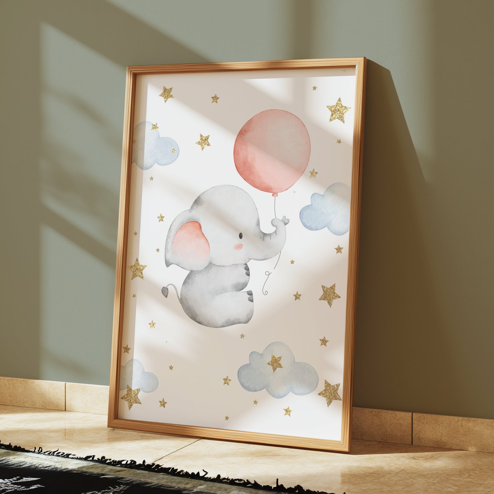 Premium Poster of Adorable Elephant with Balloon and Stars Posters