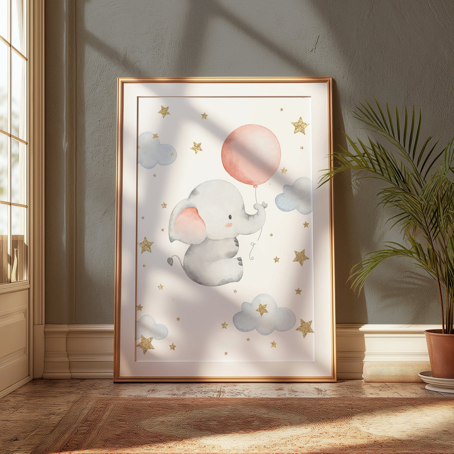 Premium Poster of Adorable Elephant with Balloon and Stars Posters
