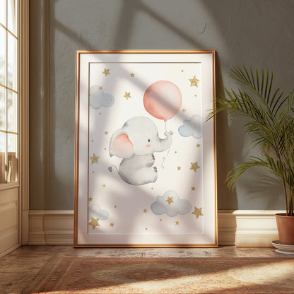 Premium Poster of Adorable Elephant with Balloon and Stars Posters