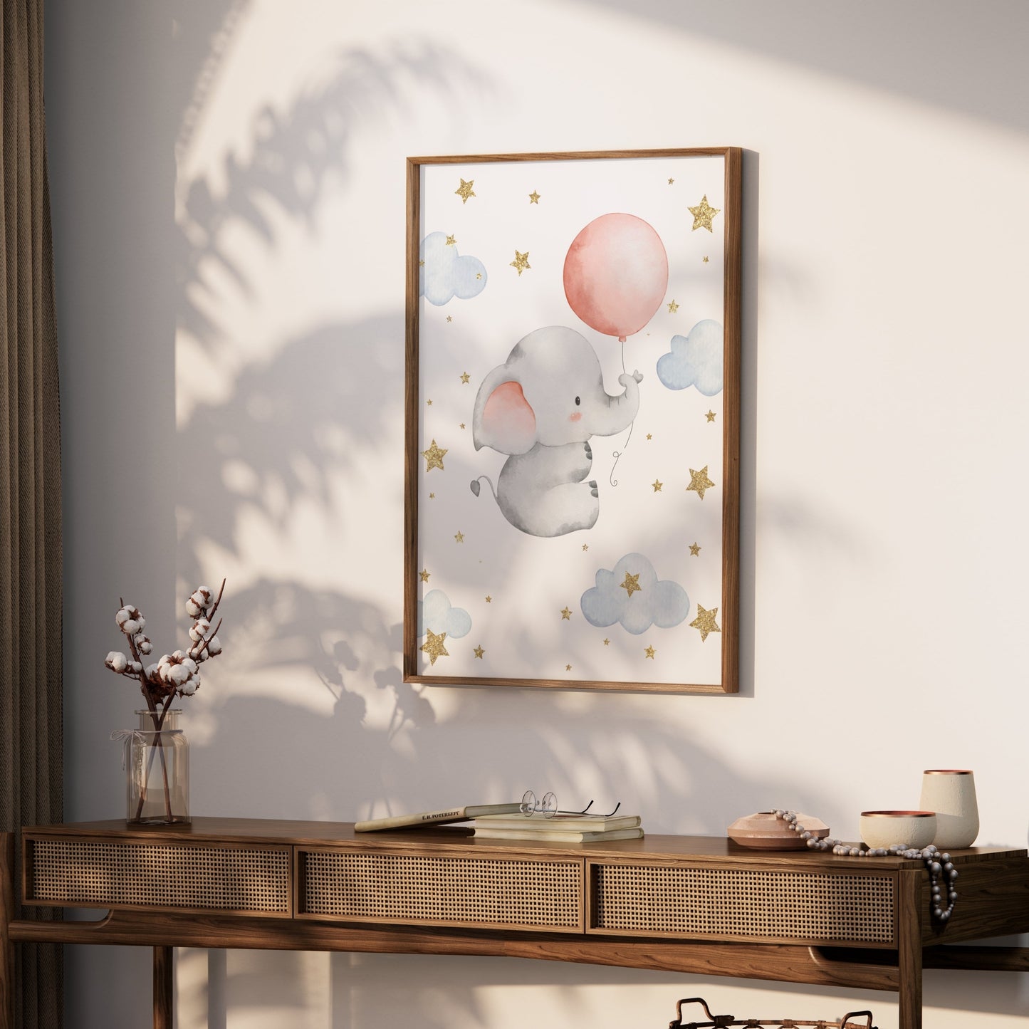 Premium Poster of Adorable Elephant with Balloon and Stars Posters