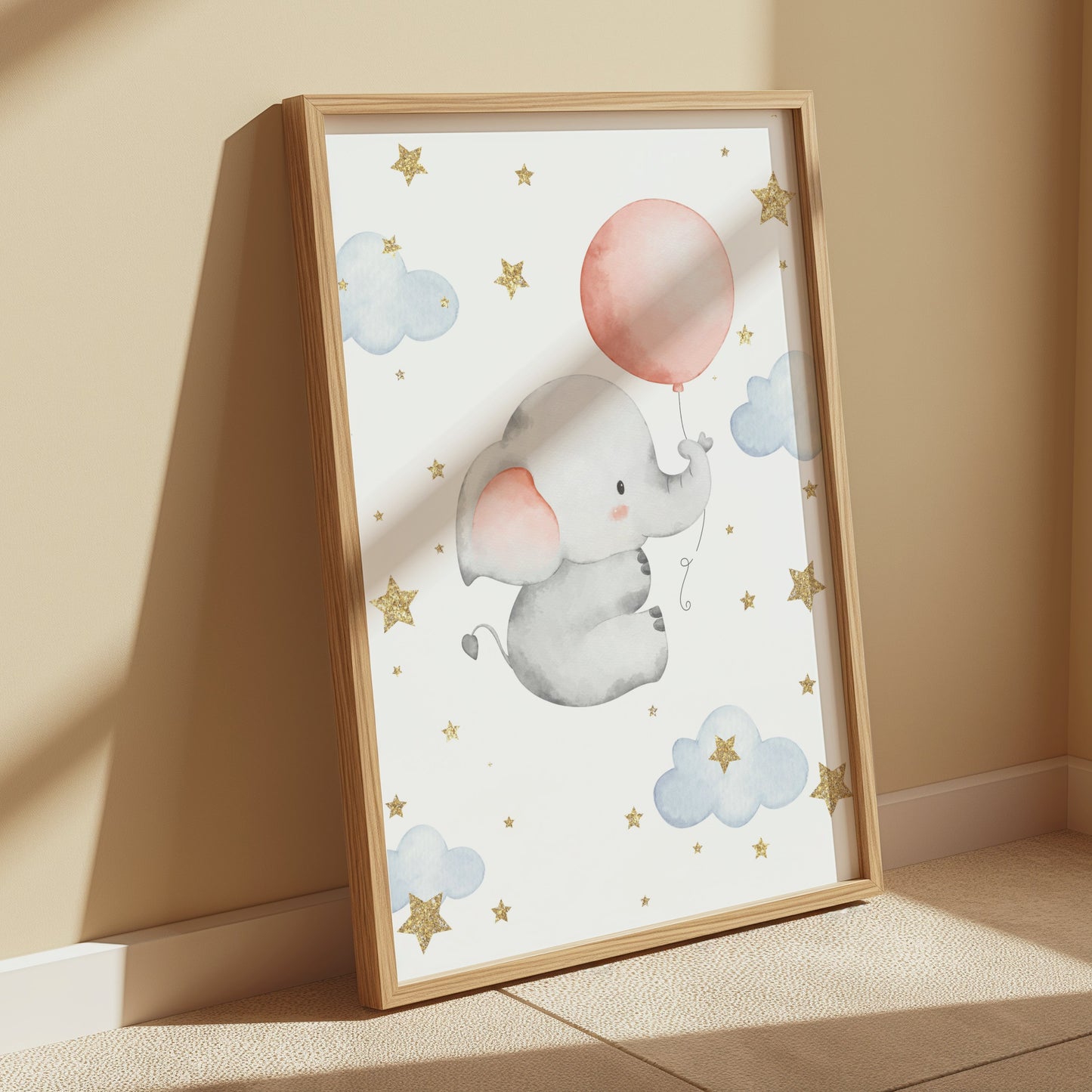 Premium Poster of Adorable Elephant with Balloon and Stars Posters