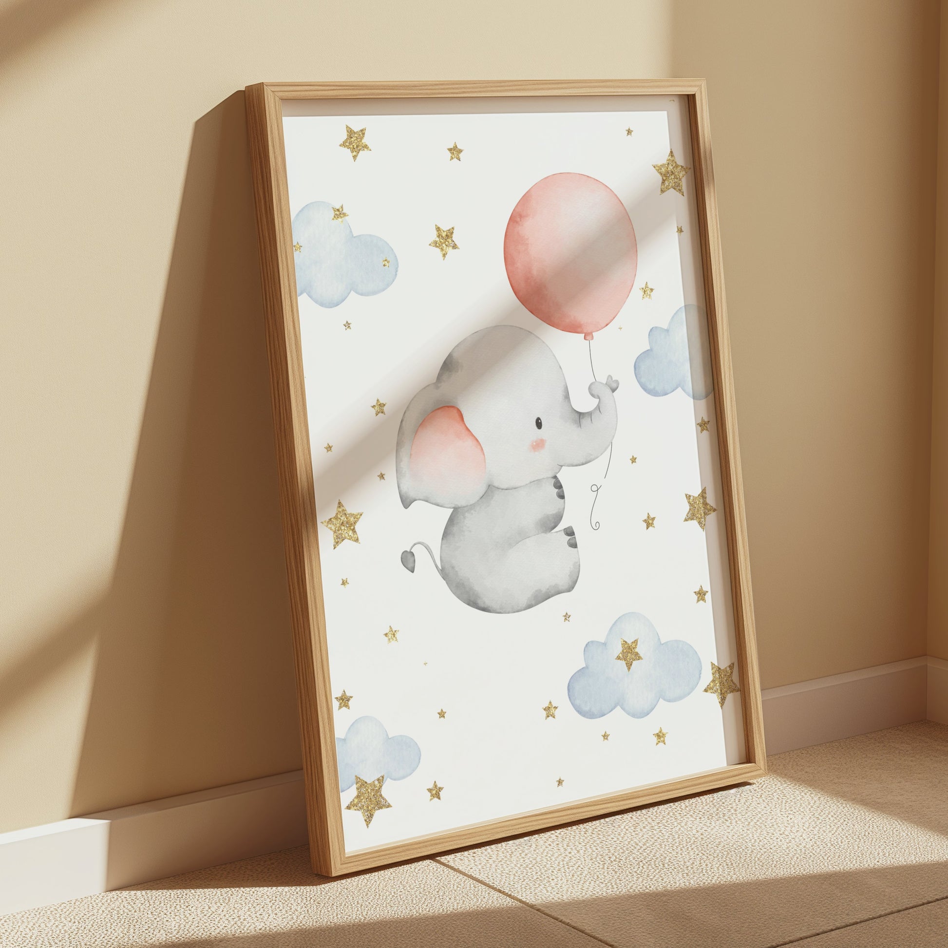 Premium Poster of Adorable Elephant with Balloon and Stars Posters