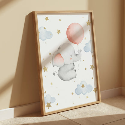 Premium Poster of Adorable Elephant with Balloon and Stars Posters
