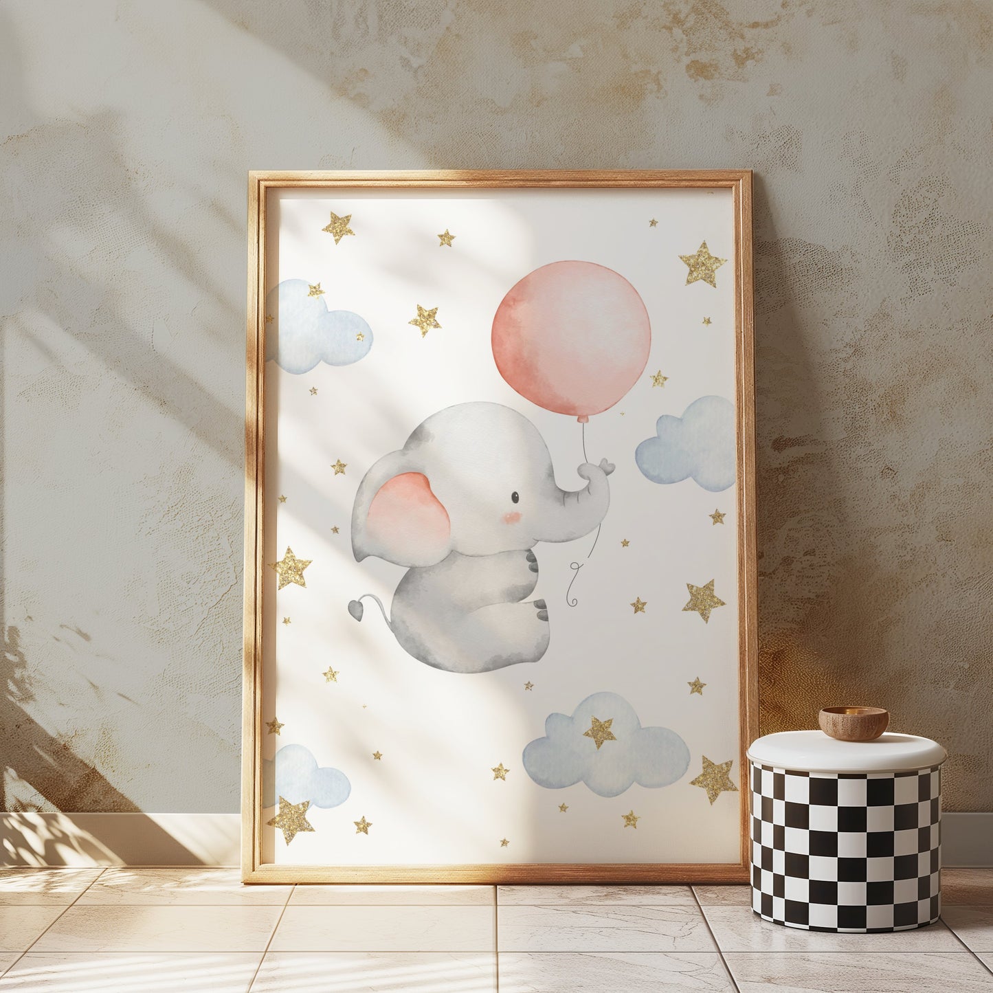 Premium Poster of Adorable Elephant with Balloon and Stars Posters