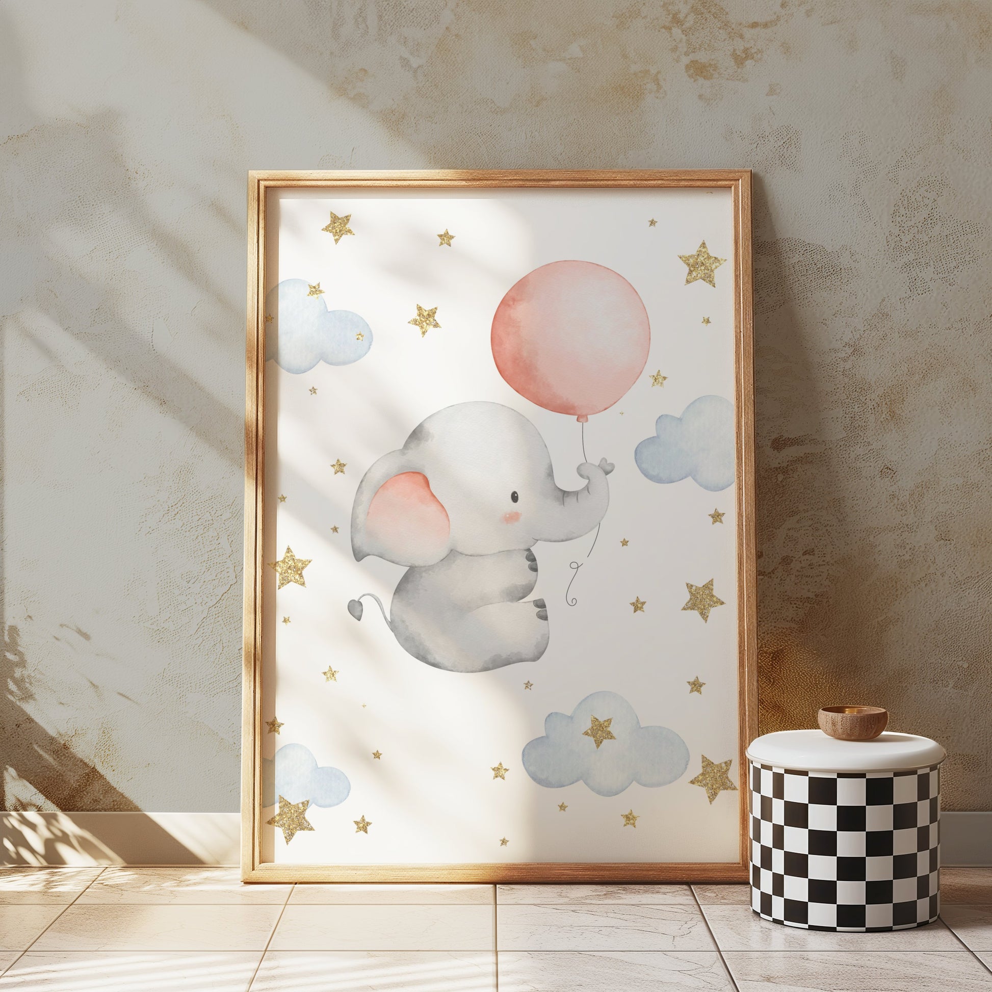 Premium Poster of Adorable Elephant with Balloon and Stars Posters