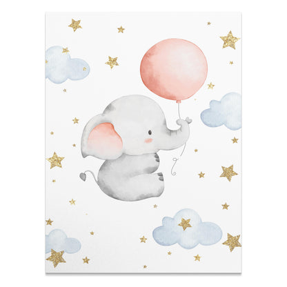 Premium Poster of Adorable Elephant with Balloon and Stars Posters
