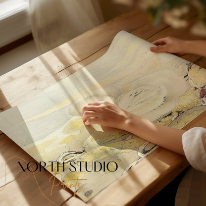 Premium Poster of Adorable Fluffy White Bird Illustration Art Posters