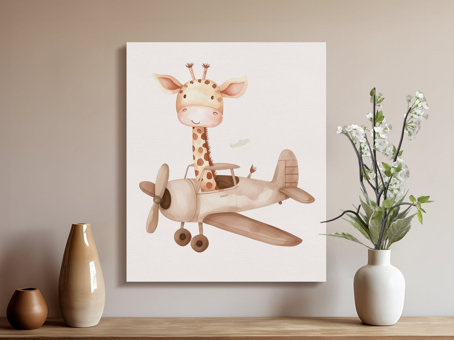Premium Poster of Adorable Giraffe Flying Airplane Canvas Wraps