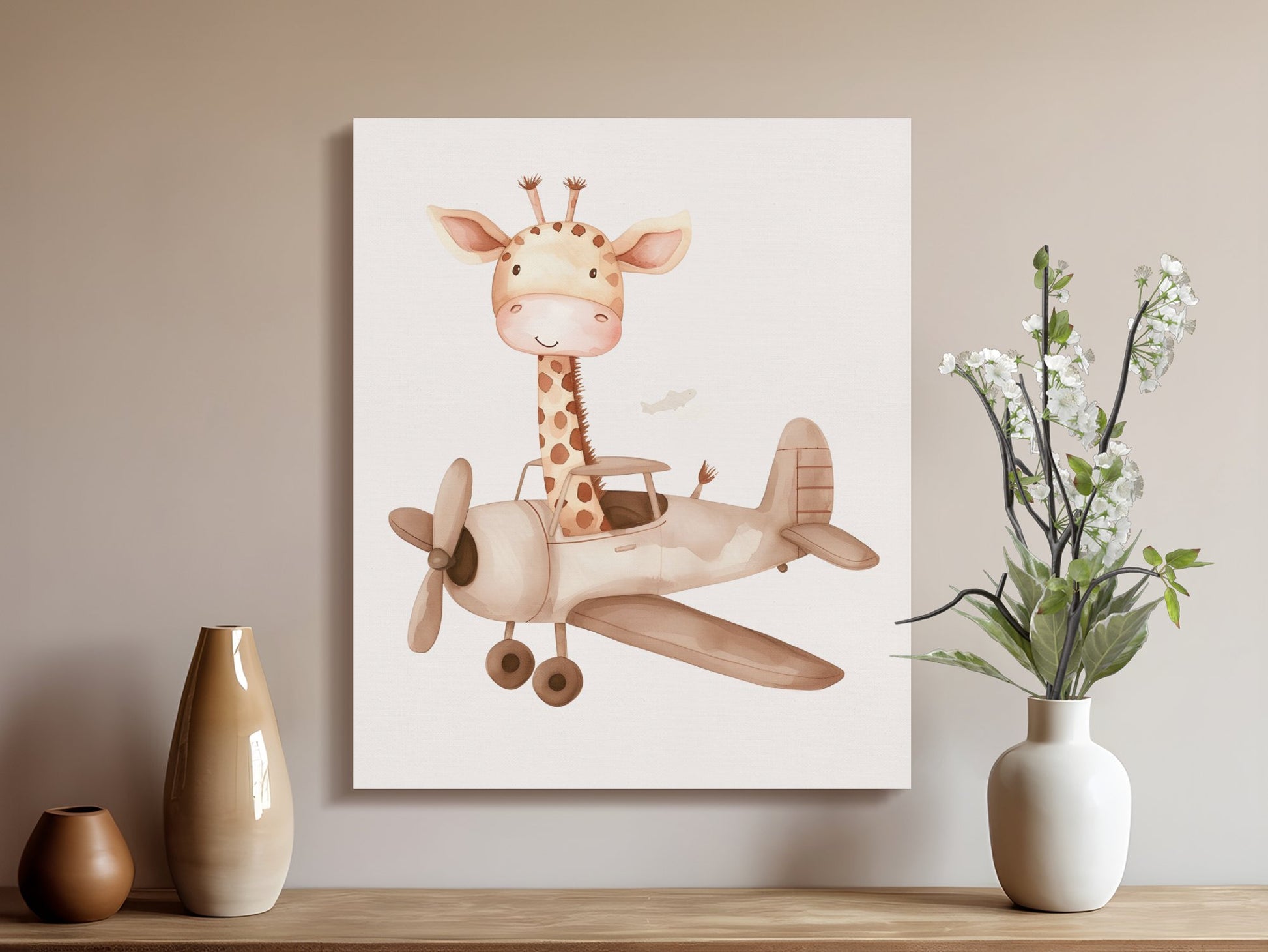 Premium Poster of Adorable Giraffe Flying Airplane Canvas Wraps