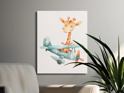 Premium Poster of Adorable Giraffe Flying Plane Nursery Canvas Wraps