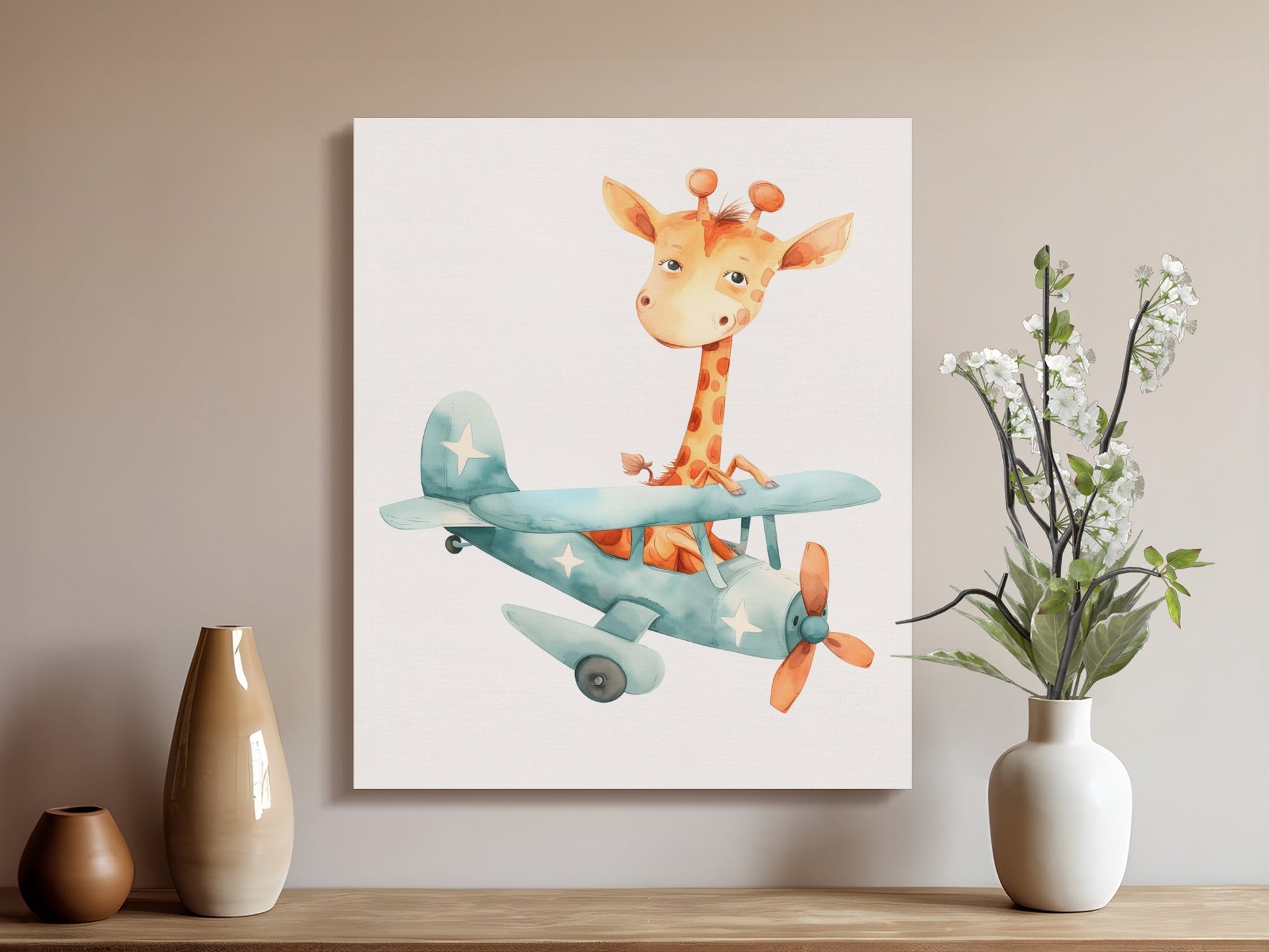 Premium Poster of Adorable Giraffe Flying Plane Nursery Canvas Wraps