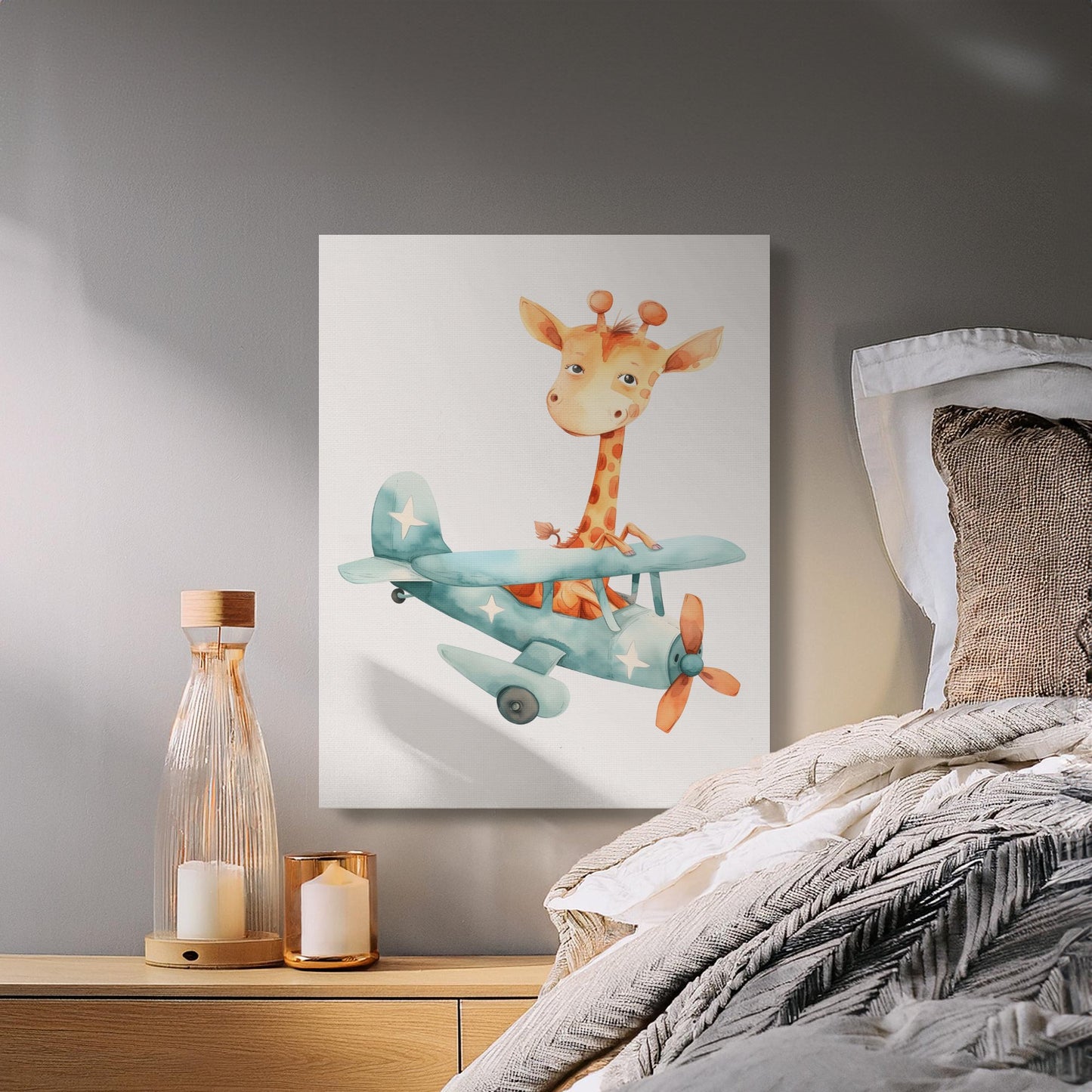 Premium Poster of Adorable Giraffe Flying Plane Nursery Canvas Wraps
