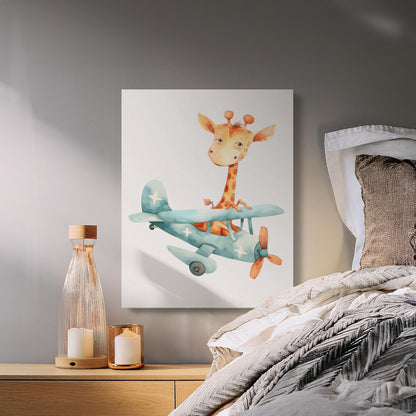 Premium Poster of Adorable Giraffe Flying Plane Nursery Canvas Wraps
