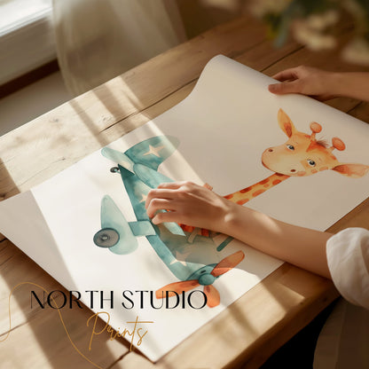 Premium Poster of Adorable Giraffe in Airplane Illustration Posters