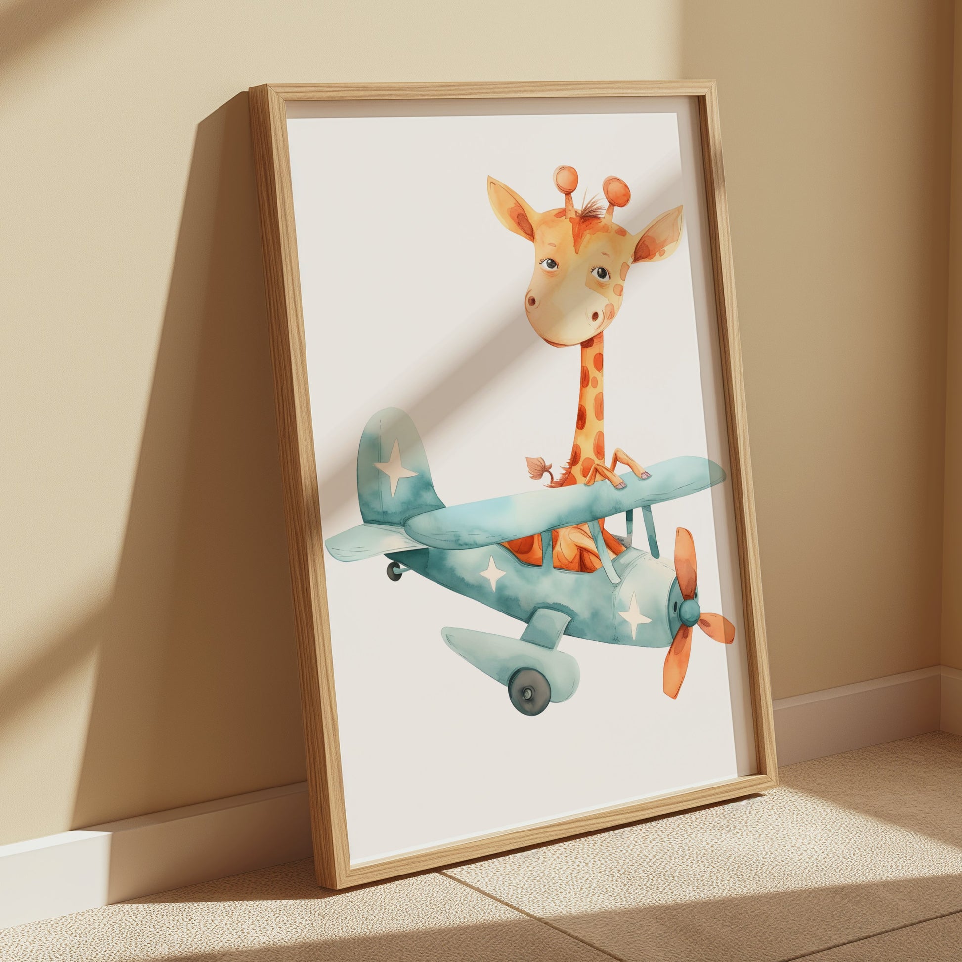 Premium Poster of Adorable Giraffe in Airplane Illustration Posters