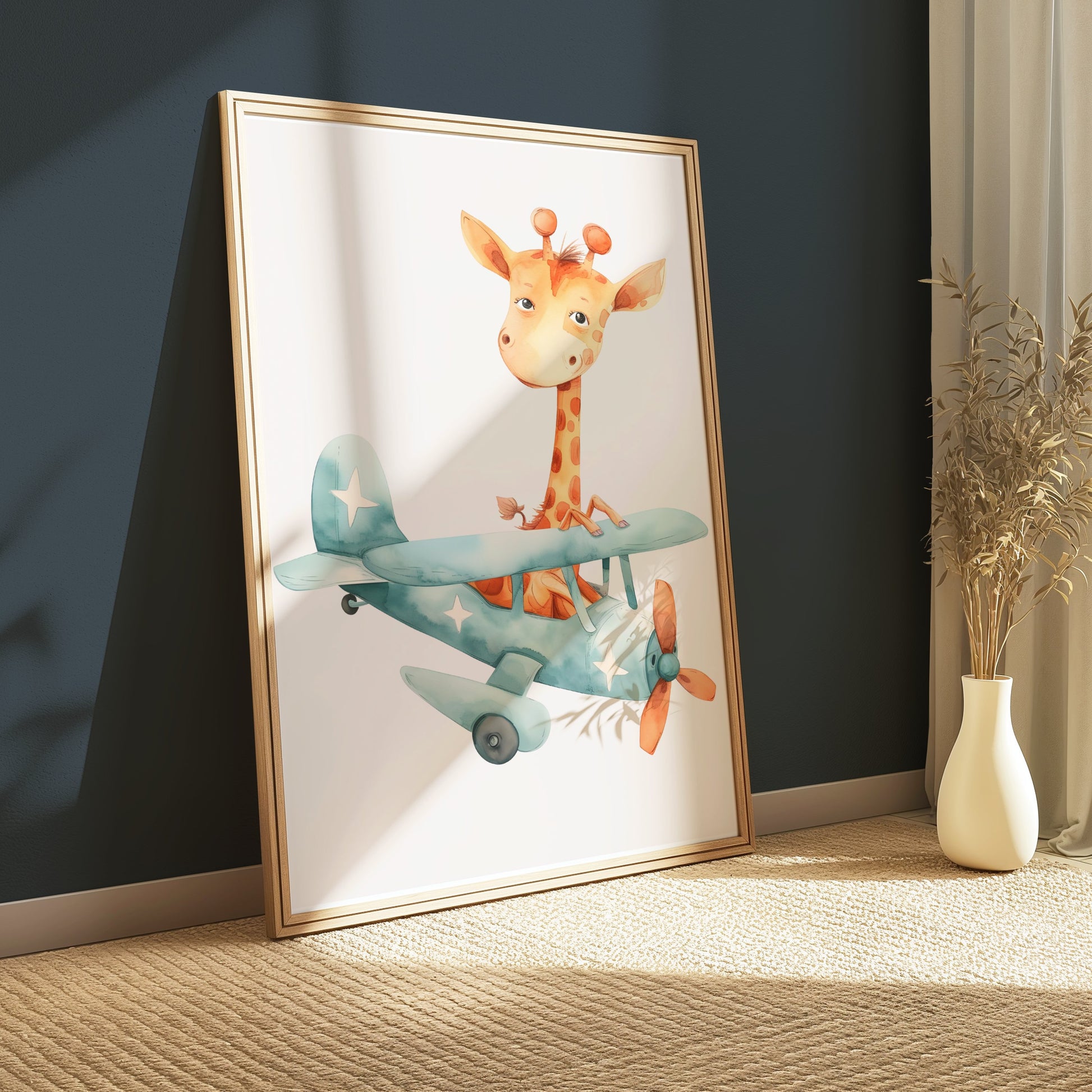 Premium Poster of Adorable Giraffe in Airplane Illustration Posters