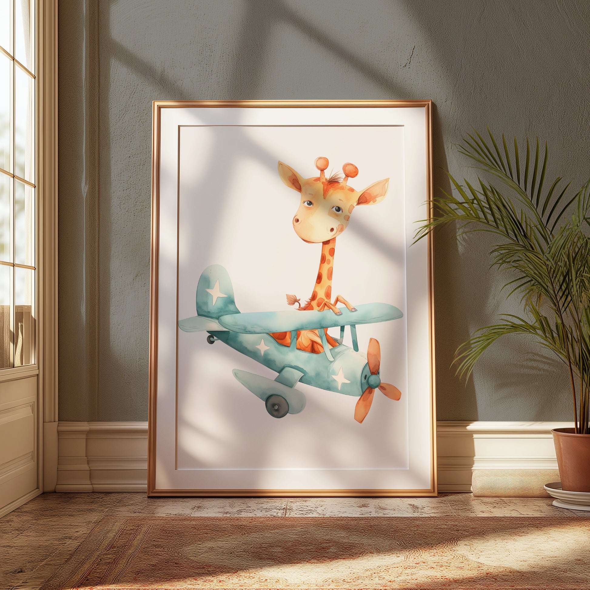 Premium Poster of Adorable Giraffe in Airplane Illustration Posters