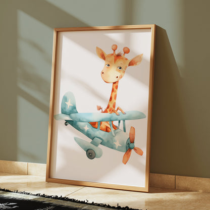 Premium Poster of Adorable Giraffe in Airplane Illustration Posters