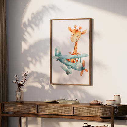 Premium Poster of Adorable Giraffe in Airplane Illustration Posters