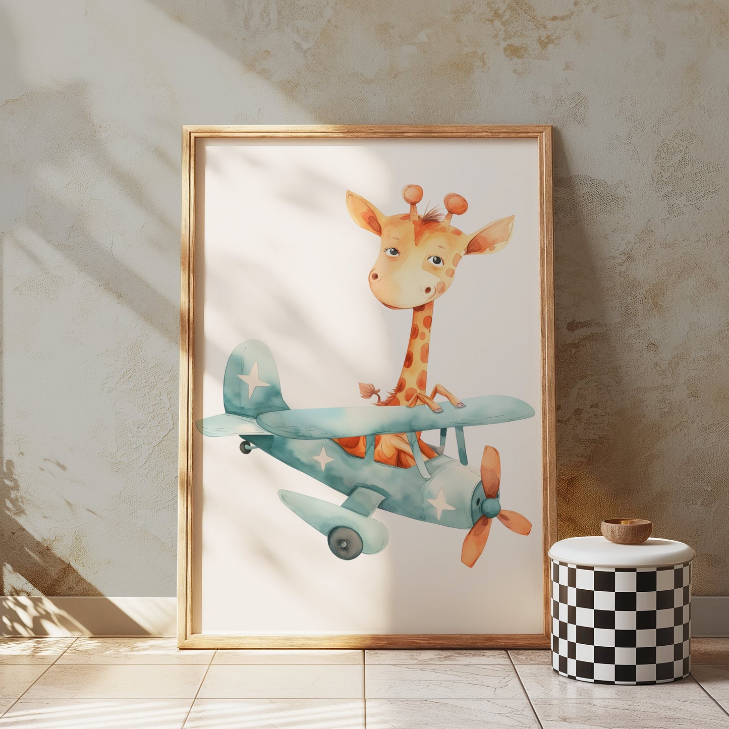 Premium Poster of Adorable Giraffe in Airplane Illustration Posters