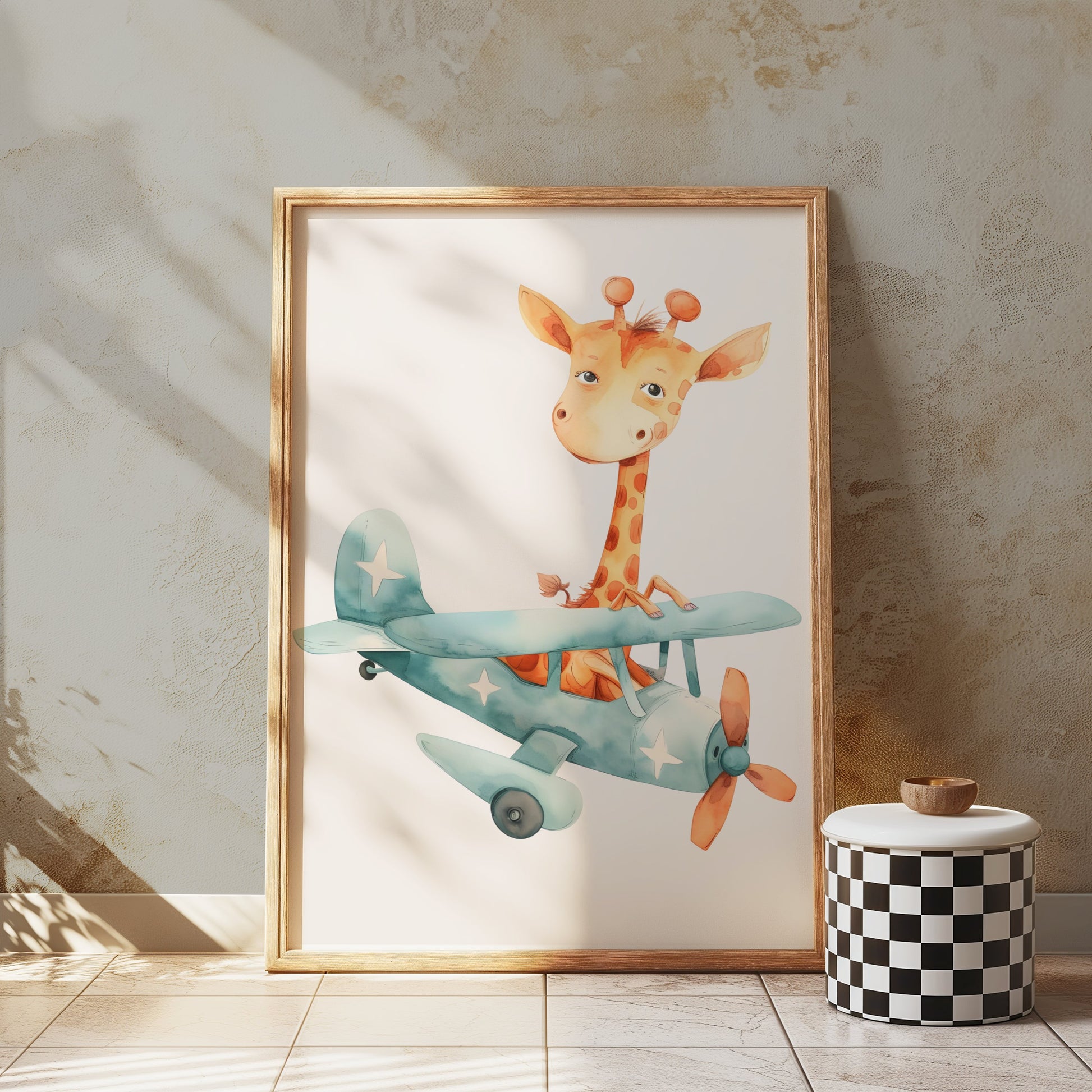 Premium Poster of Adorable Giraffe in Airplane Illustration Posters