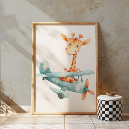 Premium Poster of Adorable Giraffe in Airplane Illustration Posters