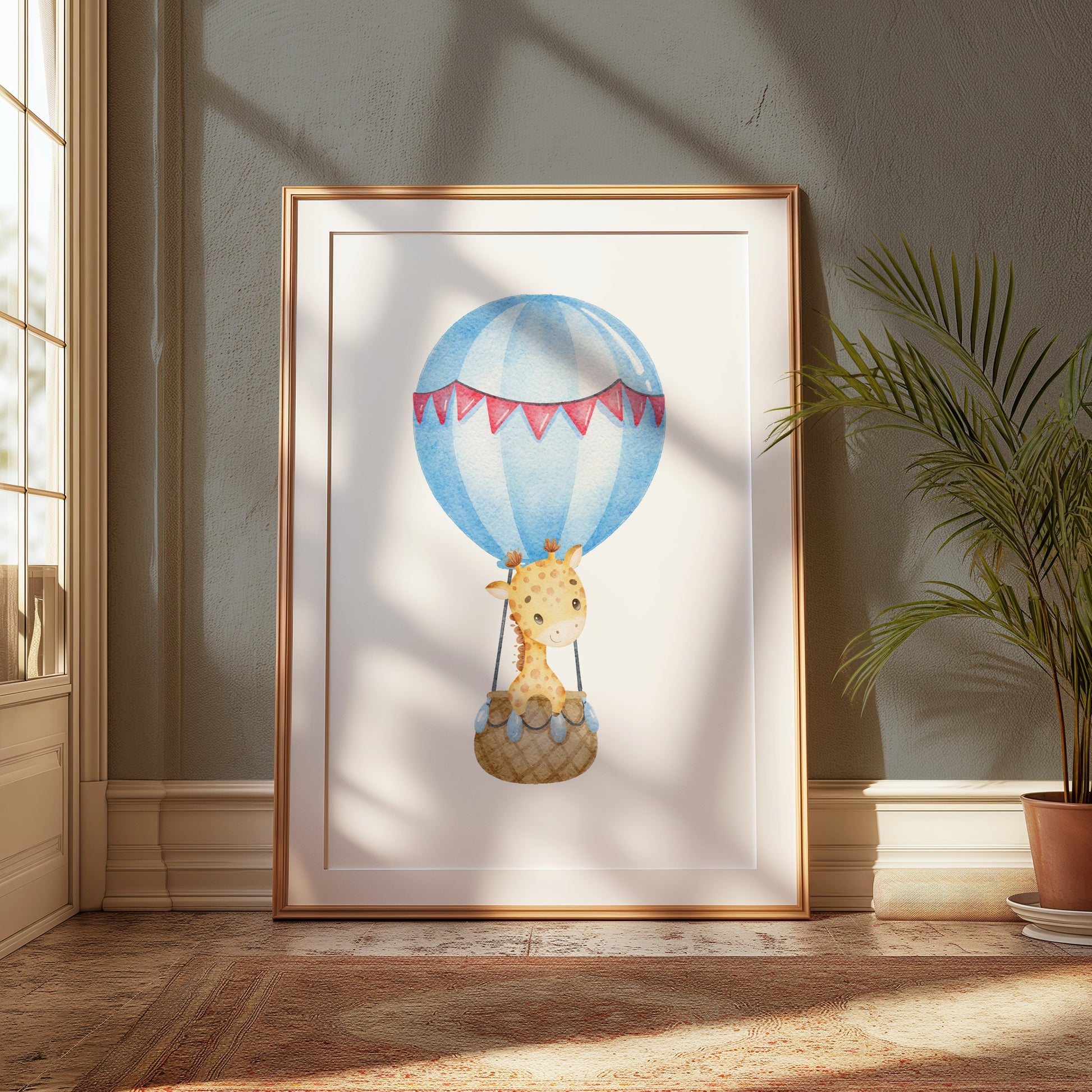 Premium Poster of Adorable Giraffe in Hot Air Balloon Baby Room Posters